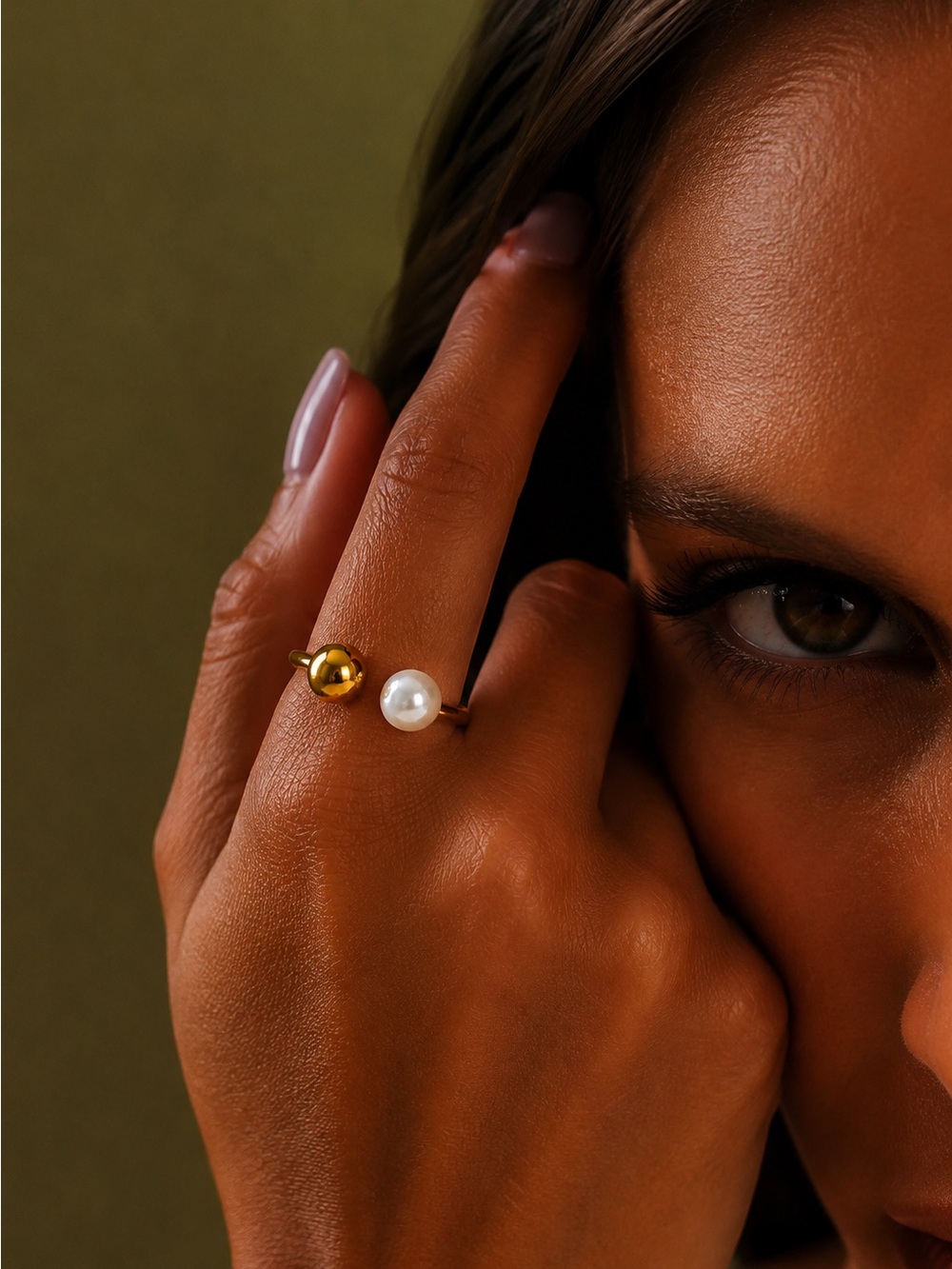 Gold Open Ring with White Pearl Accent